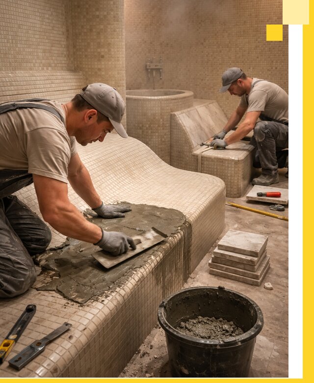 Лежаки для хамама под ключ в Белове, проект и монтаж